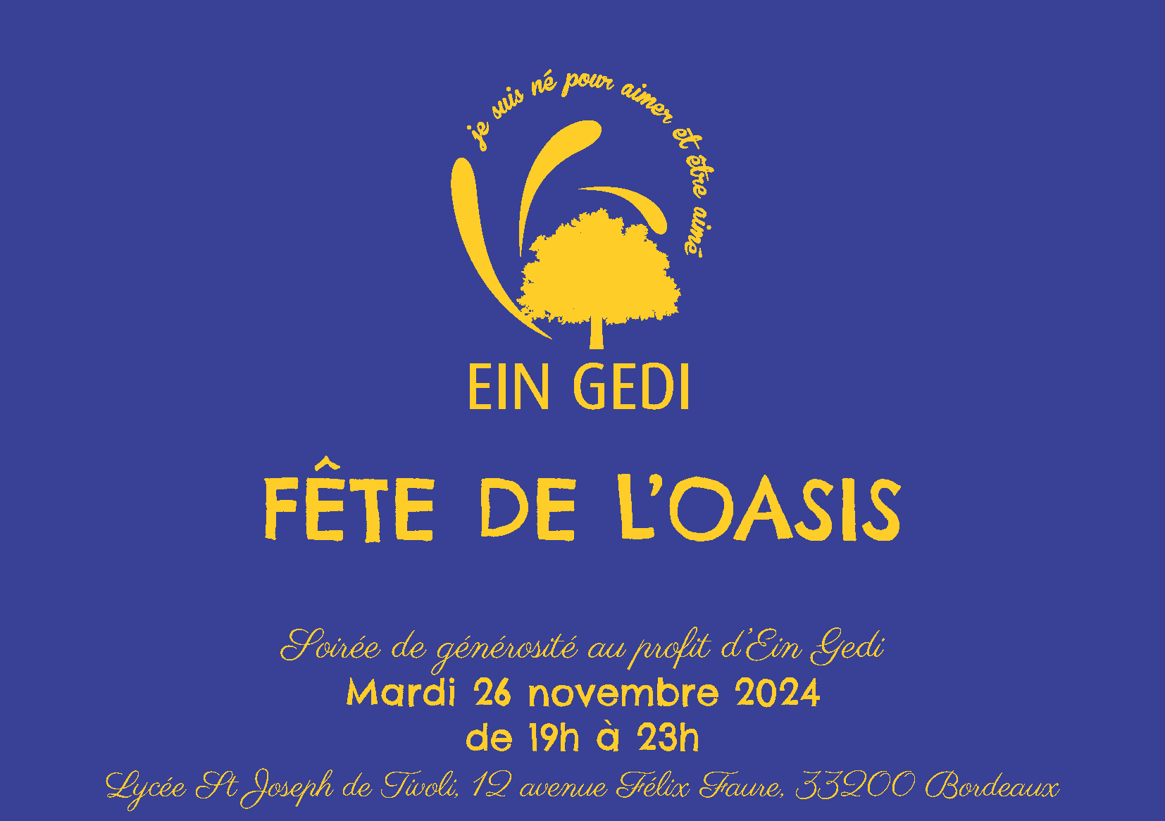 Soirée de générosité au profit d'Ein Gedi Mardi 26 novembre à 19h, 14 avenue Félix Faure 33200 Bordeaux